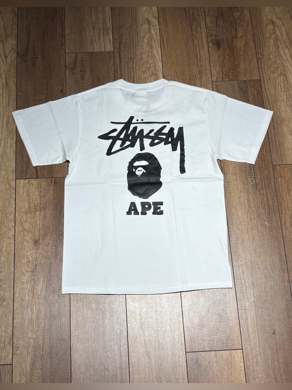 Stüssy APE A Bathing Ape BAPE collab white and black tee shirt